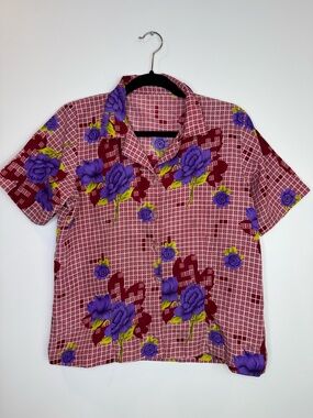 Handmade Floral asian Button-Up Shirt with Purple Roses